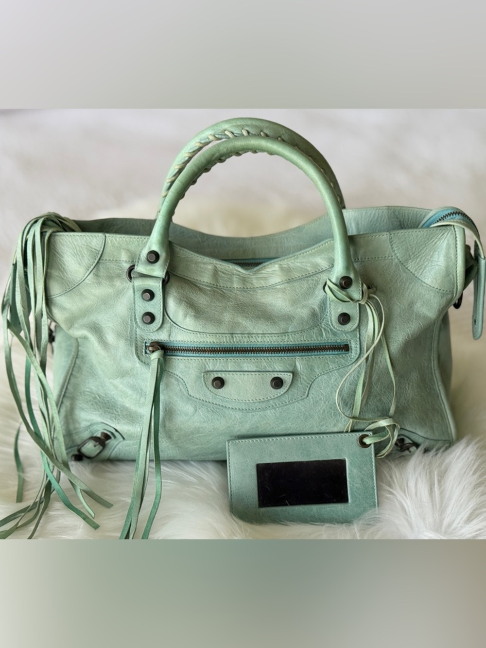 BALENCIAGA CITY BAG MINT GREEN ULTRA RARE MOTO W/ MIRROR AND STRAP S/S 2009 HTF